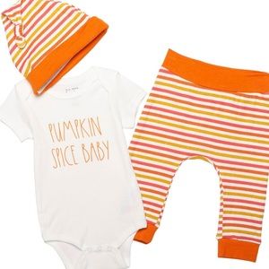 Rae Dunn "Pumpkin Spice Baby" Baby
Bodysuit, Pants and Hat Set 3-PCs 3-6 months